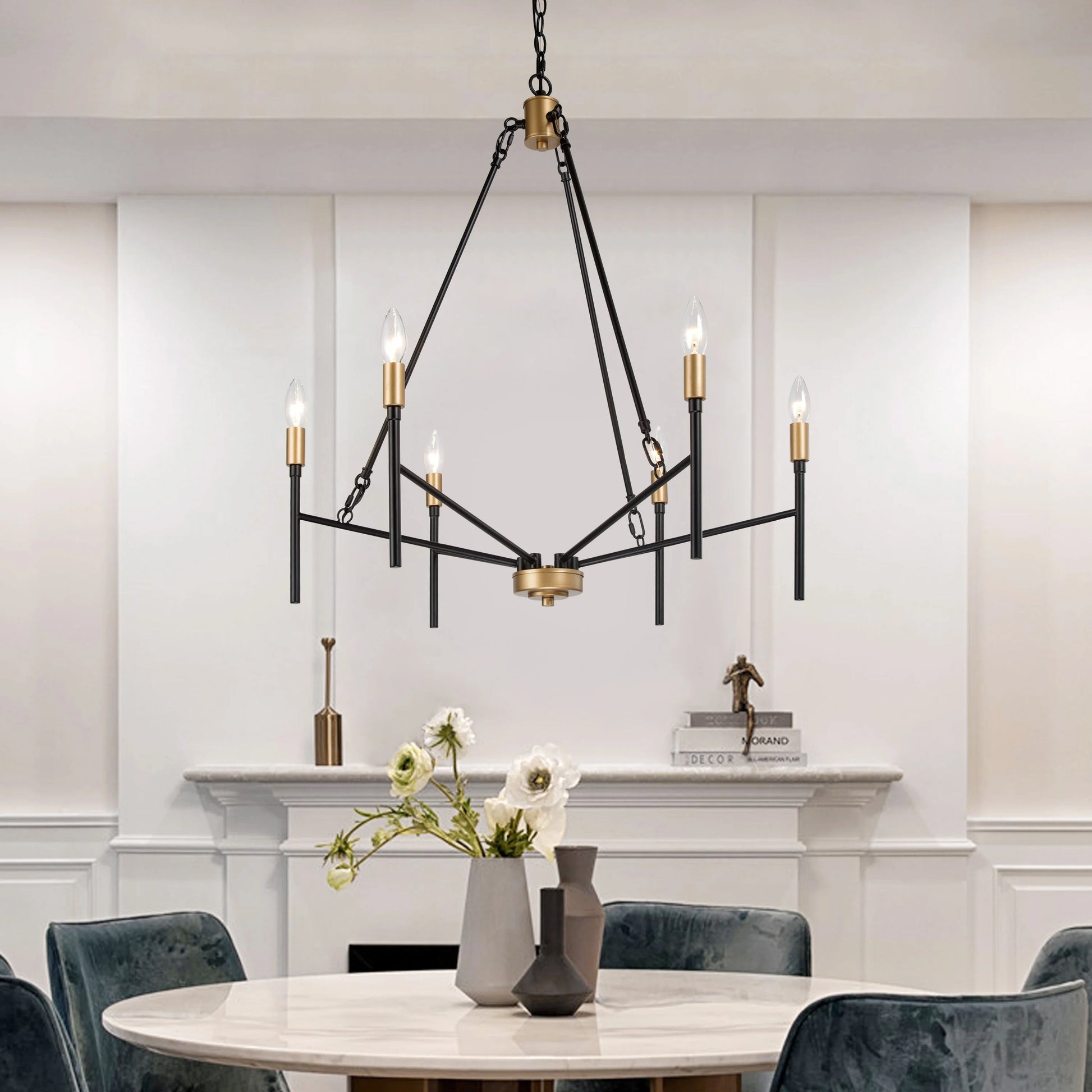 Alestair Modern Transitional Classic Candle Chandelier Black Gold Metal Farmhouse Pendant for Foyer Black& Brass D27" x H30" Adjustable,25 to 36 Inches