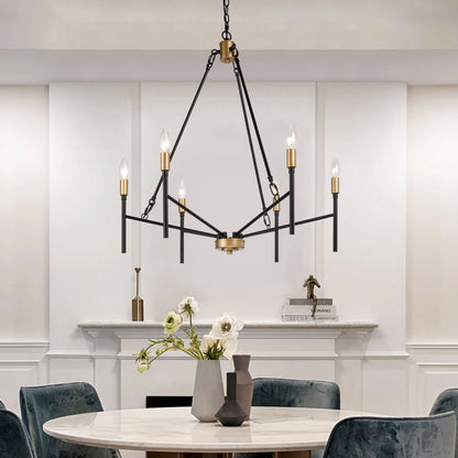 Alestair Modern Transitional Classic Candle Chandelier Black Gold Metal Farmhouse Pendant for Foyer Black& Brass D27" x H30" Adjustable,25 to 36 Inches