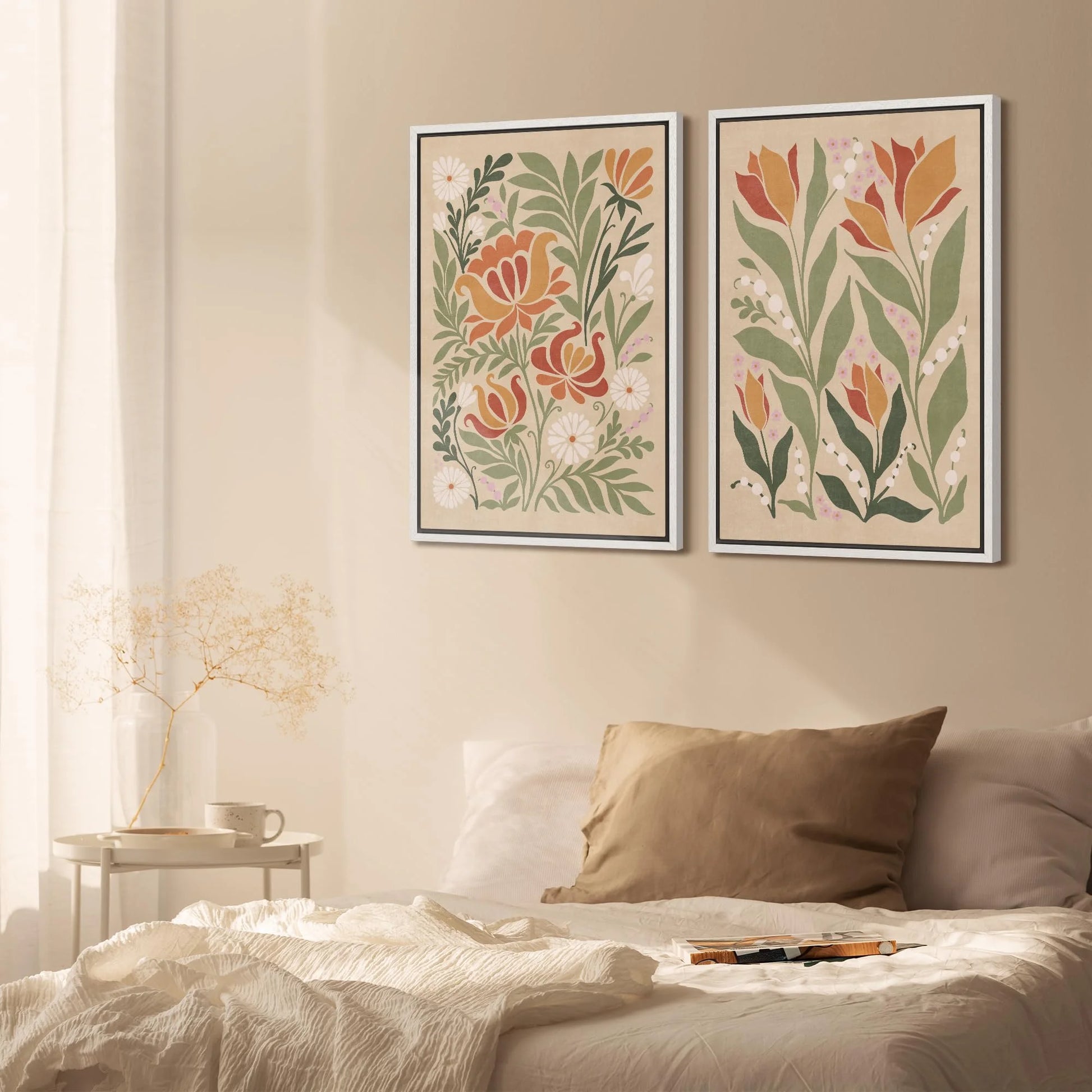 IDEA4WALL Framed Canvas Print Wall Art Set Vintage Floral Classic Botanical Illustration Abstract Garden Flowers Boho Art Modern Wall Decor Colorful Chic Artwork for Home Decor - Natural 24"x36"x2
