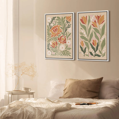 IDEA4WALL Framed Canvas Print Wall Art Set Vintage Floral Classic Botanical Illustration Abstract Garden Flowers Boho Art Modern Wall Decor Colorful Chic Artwork for Home Decor - Natural 24"x36"x2