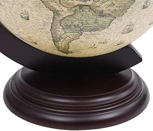 Green & Brown Tabletop Globe Wine Stand - Eucalyptus Wood with Antique Replica Frescoes and 16th Nautical Maps - Assembly Required