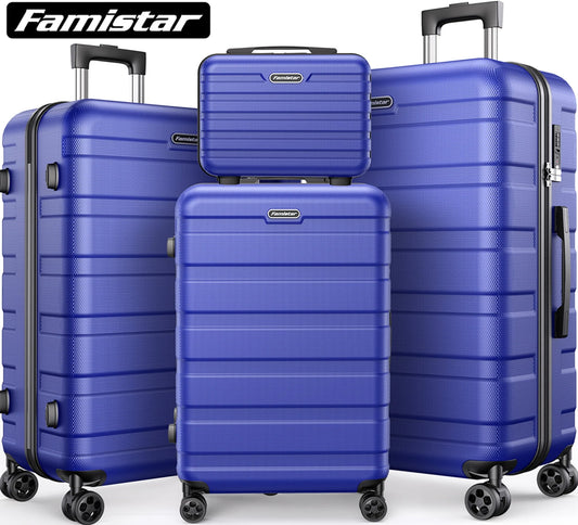 Famistar 4 PCS Hardshell Luggage Suitcase Set with 360° Double Spinner Wheels Integrated TSA Lock, 14°?Travel Case, 20" Carry-On Luggage, 24" Checked Luggage and 28" Checked Luggage, Blue