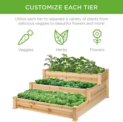 PINDEE 3-Tier Fir Wood Raised Garden Bed Planter Kit for Plants, Herbs, Vegetables, Outdoor Gardening w/Stackable & Flat Arrangement, Easy Assembly - Natural