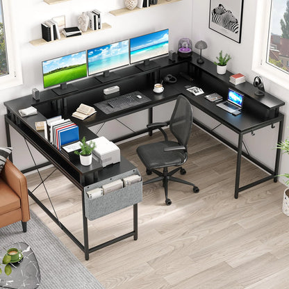 NEILA U Shaped LED Light Computer Gaming Desk with Power Outlets, Reversible 78.8'' Large PC Desk with Monitor Stand & Storage Bag, Home Office Desk, Study Desk, Writing Desk, Workstation, Grey