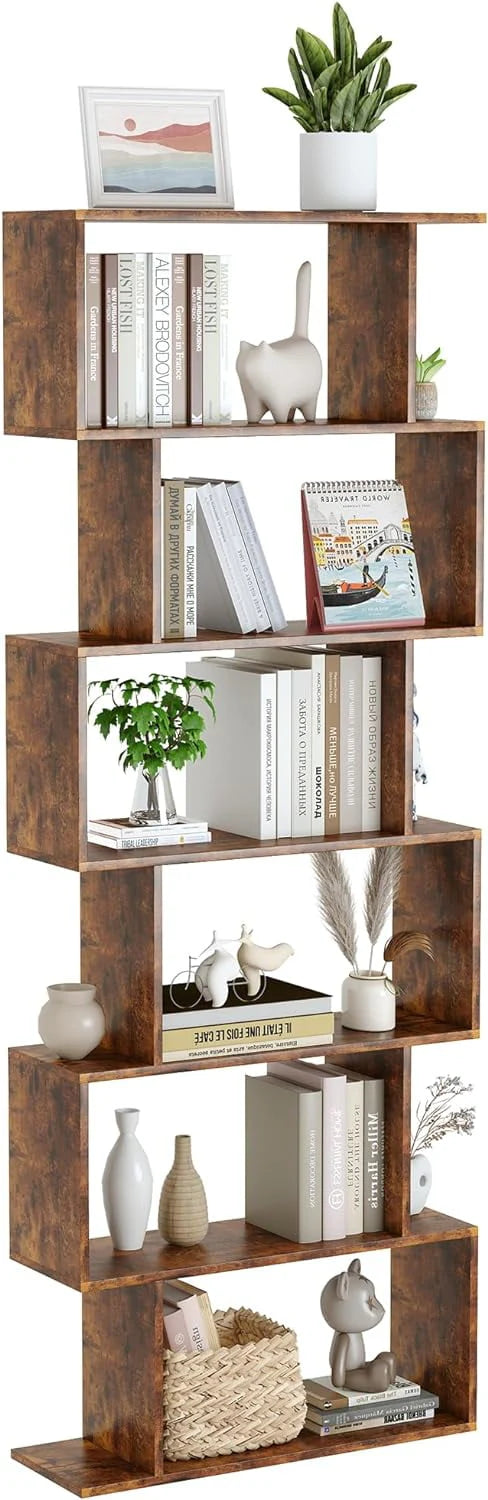 Geometric Bookcase, Bookshelf 6-Tier S Shaped Book Shelves For Bedroom, Modern Wood Decorative Display Shelf Tall Book Case For Home Office, Rustic Brown
