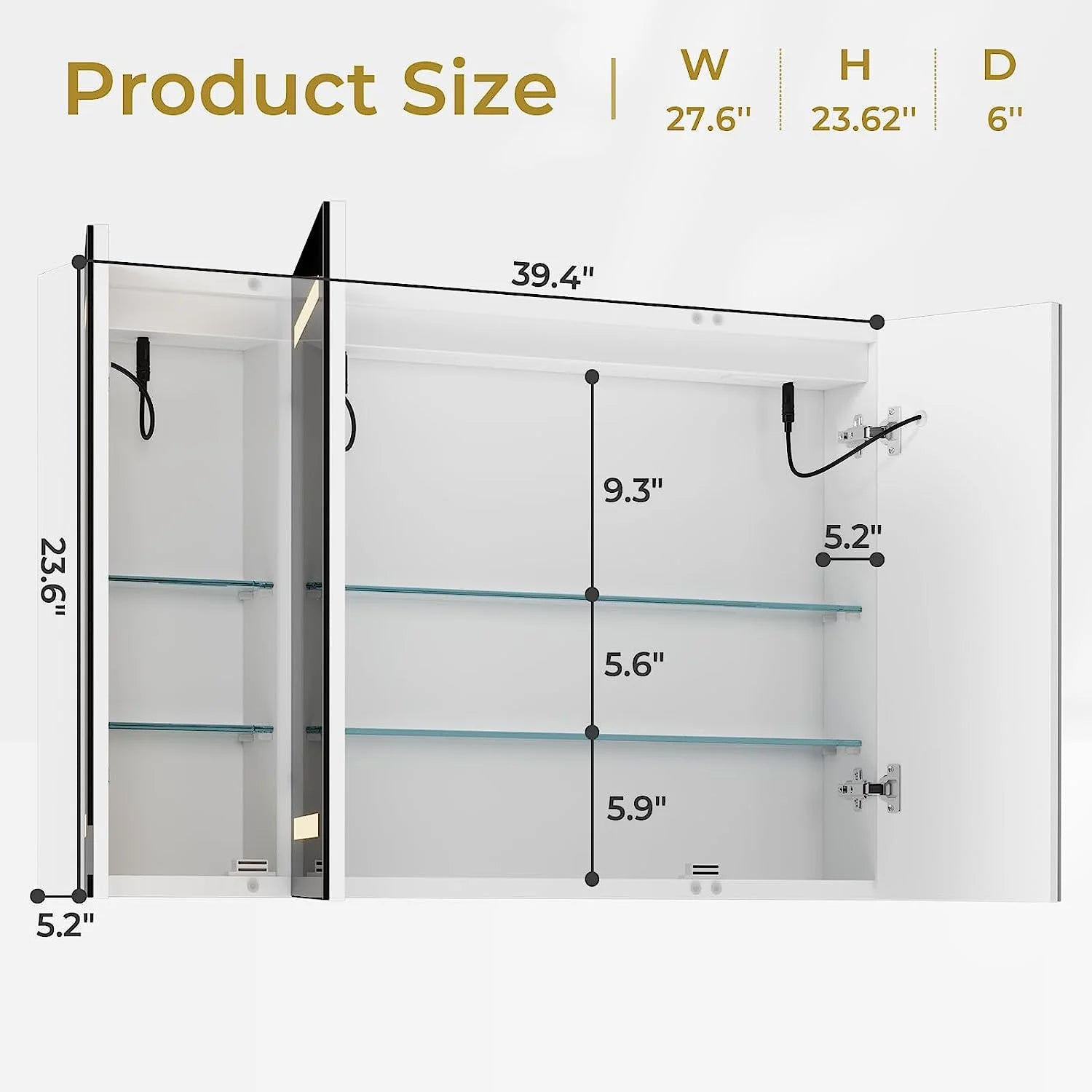 Lighted Medicine Cabinet with Mirror& LED Light for Bathroom,Wall Mounted Bathroom Mirror Cabinet with Storage and 2 Outlet and 3 Doors for Home, White, 39.4" x 23.6"