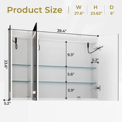 Lighted Medicine Cabinet with Mirror& LED Light for Bathroom,Wall Mounted Bathroom Mirror Cabinet with Storage and 2 Outlet and 3 Doors for Home, White, 39.4" x 23.6"