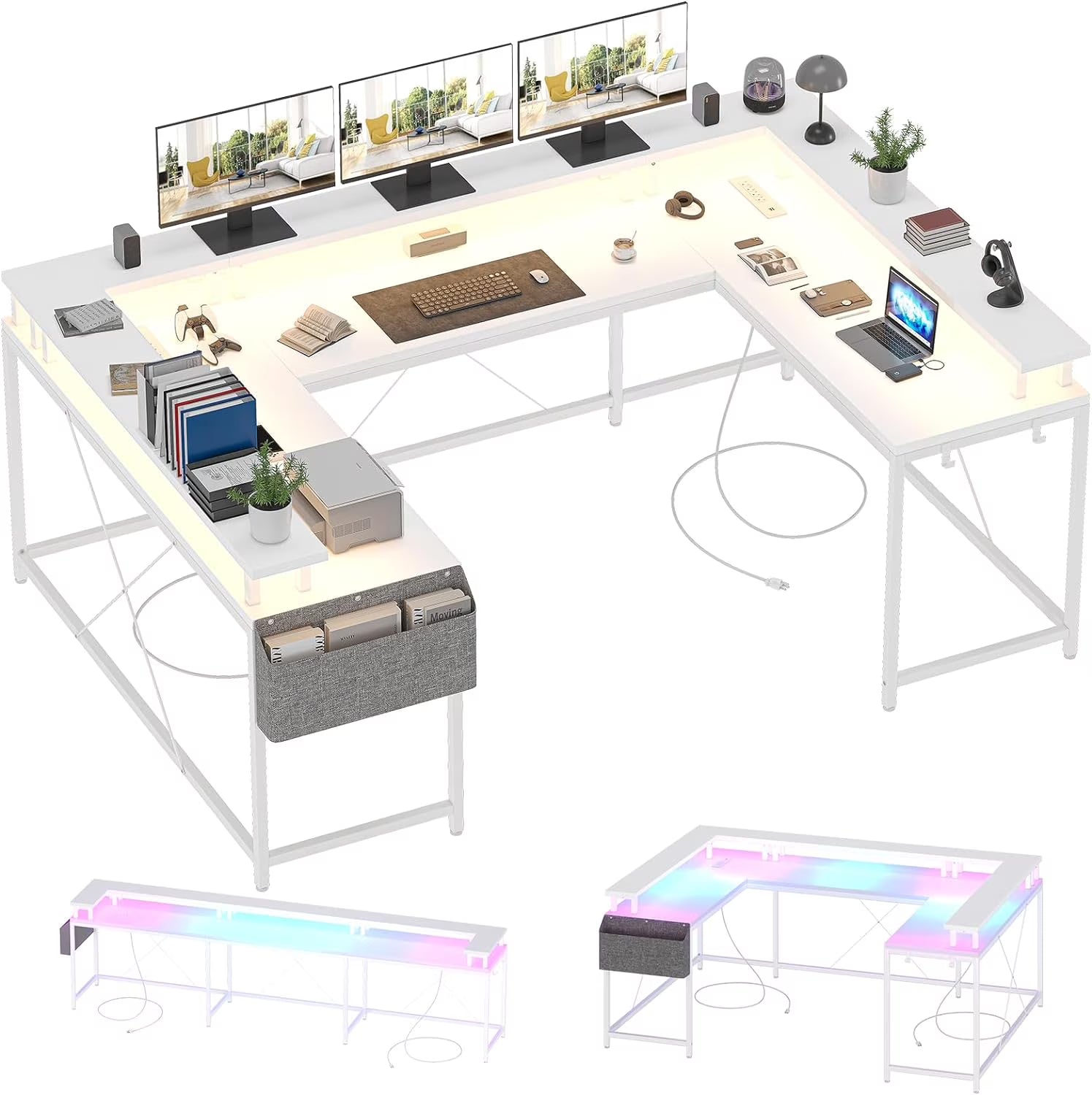 NEILA U Shaped LED Light Computer Gaming Desk with Power Outlets, Reversible 78.8'' Large PC Desk with Monitor Stand & Storage Bag, Home Office Desk, Study Desk, Writing Desk, Workstation, Grey