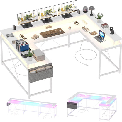 NEILA U Shaped LED Light Computer Gaming Desk with Power Outlets, Reversible 78.8'' Large PC Desk with Monitor Stand & Storage Bag, Home Office Desk, Study Desk, Writing Desk, Workstation, Grey