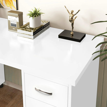 Sesslife White Computer Desk, Writing Desk with Lockable WheelsModern Wood Study Desk with 4 Drawers for Home Office Workstation