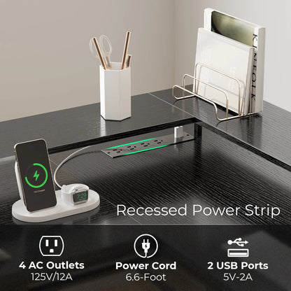 Huuger Gaming Desk with LED Lights & Power Outlets, L Shaped Desk Computer Desk with Storage Shelves, Fabric Drawer, Monitor Stand, Home Office Desk, Corner Desk, Black