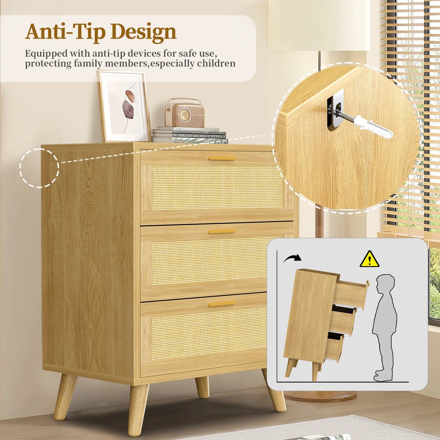 Capri 3 Drawer Dresser, Rattan Storage Wide Chest of Drawers, Night Stand Storage Cabinet for Women, Kids, Baby, Nursery, Girls, Bedroom Living Room Furniture, Natural