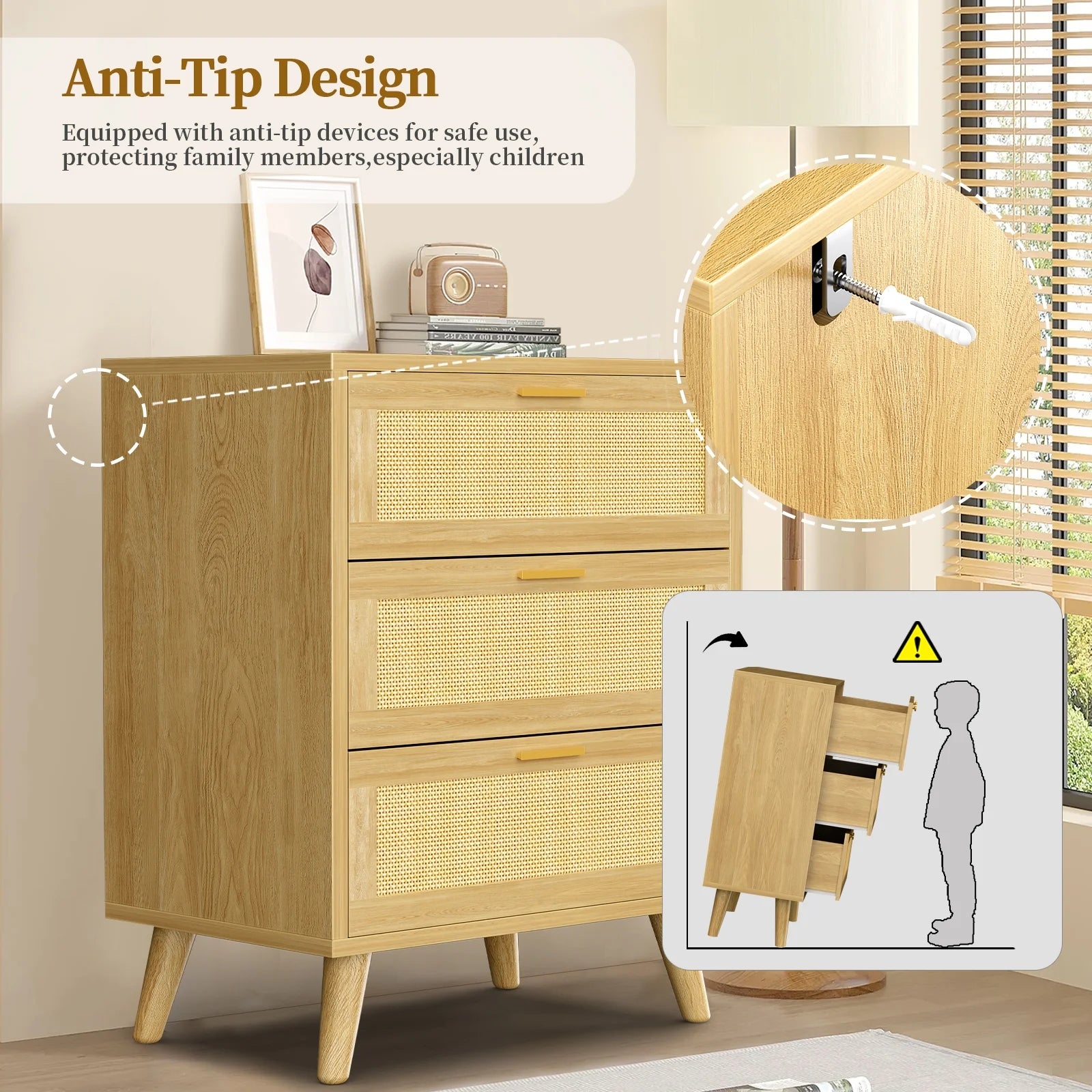 Capri 3 Drawer Dresser, Rattan Storage Wide Chest of Drawers, Night Stand Storage Cabinet for Women, Kids, Baby, Nursery, Girls, Bedroom Living Room Furniture, Natural