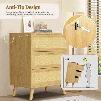 Capri 3 Drawer Dresser, Rattan Storage Wide Chest of Drawers, Night Stand Storage Cabinet for Women, Kids, Baby, Nursery, Girls, Bedroom Living Room Furniture, Natural