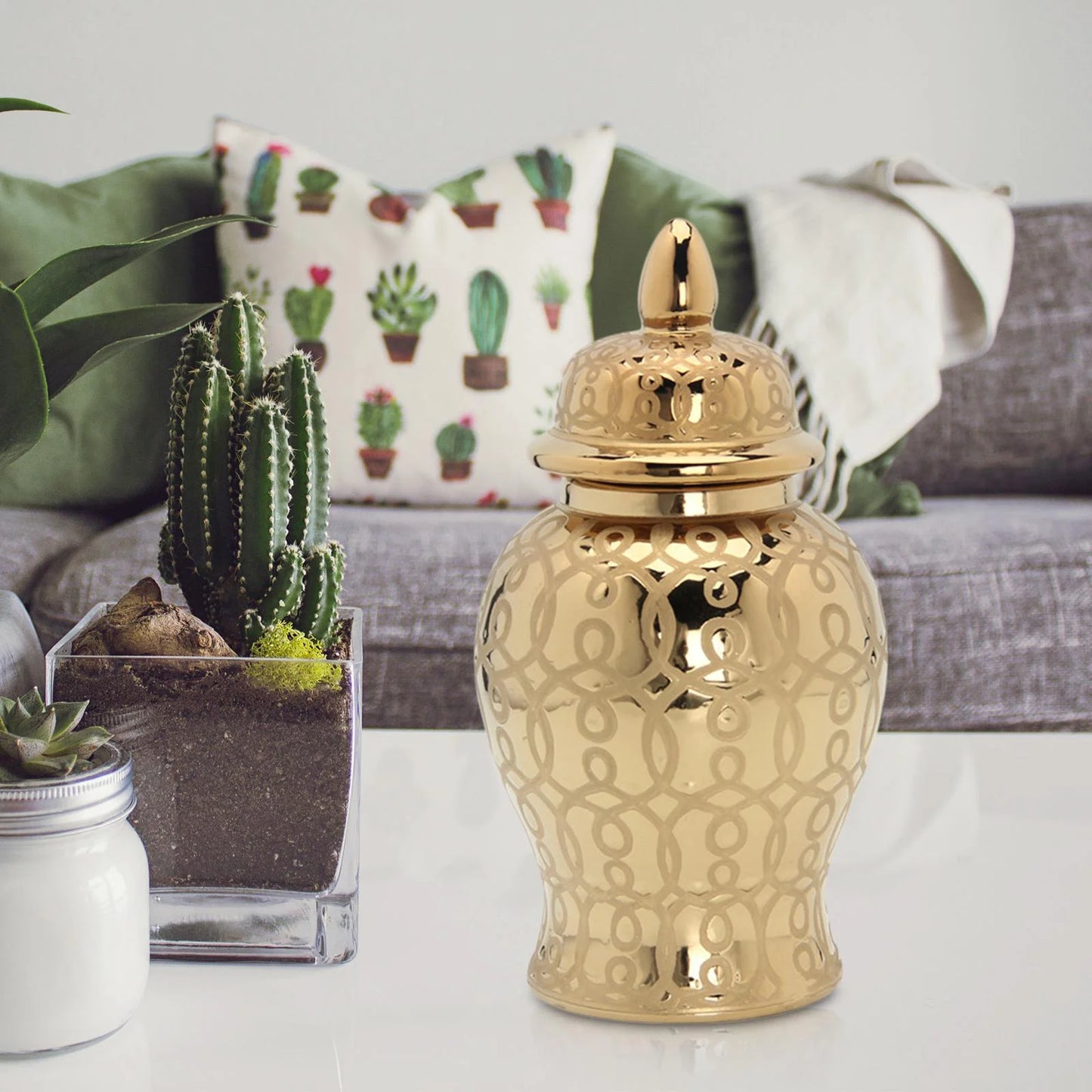 Light Ginger Jar With Lid Storage Jar Centerpiece Home Decor Floral Arrangement Vase Containers Handicraft 31x15CM