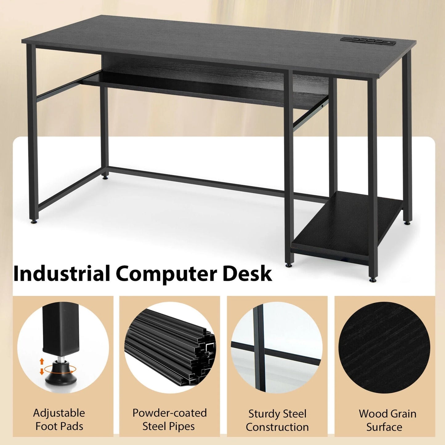 Gymax 55'' Computer Desk Home Office PC Workstation w/Power Outlets & USB Ports Black