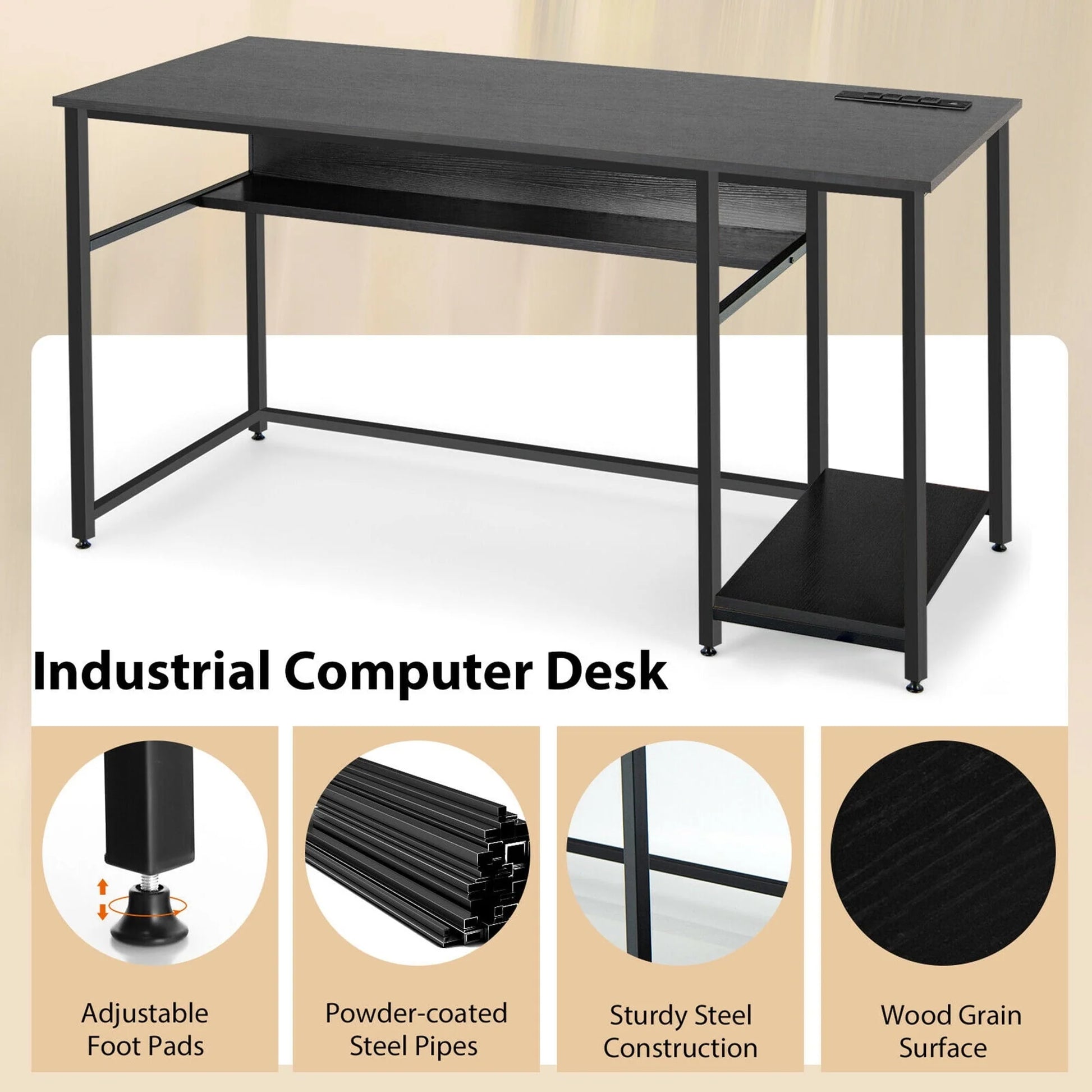 Gymax 55'' Computer Desk Home Office PC Workstation w/Power Outlets & USB Ports Black