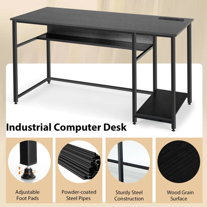 Gymax 55'' Computer Desk Home Office PC Workstation w/Power Outlets & USB Ports Black