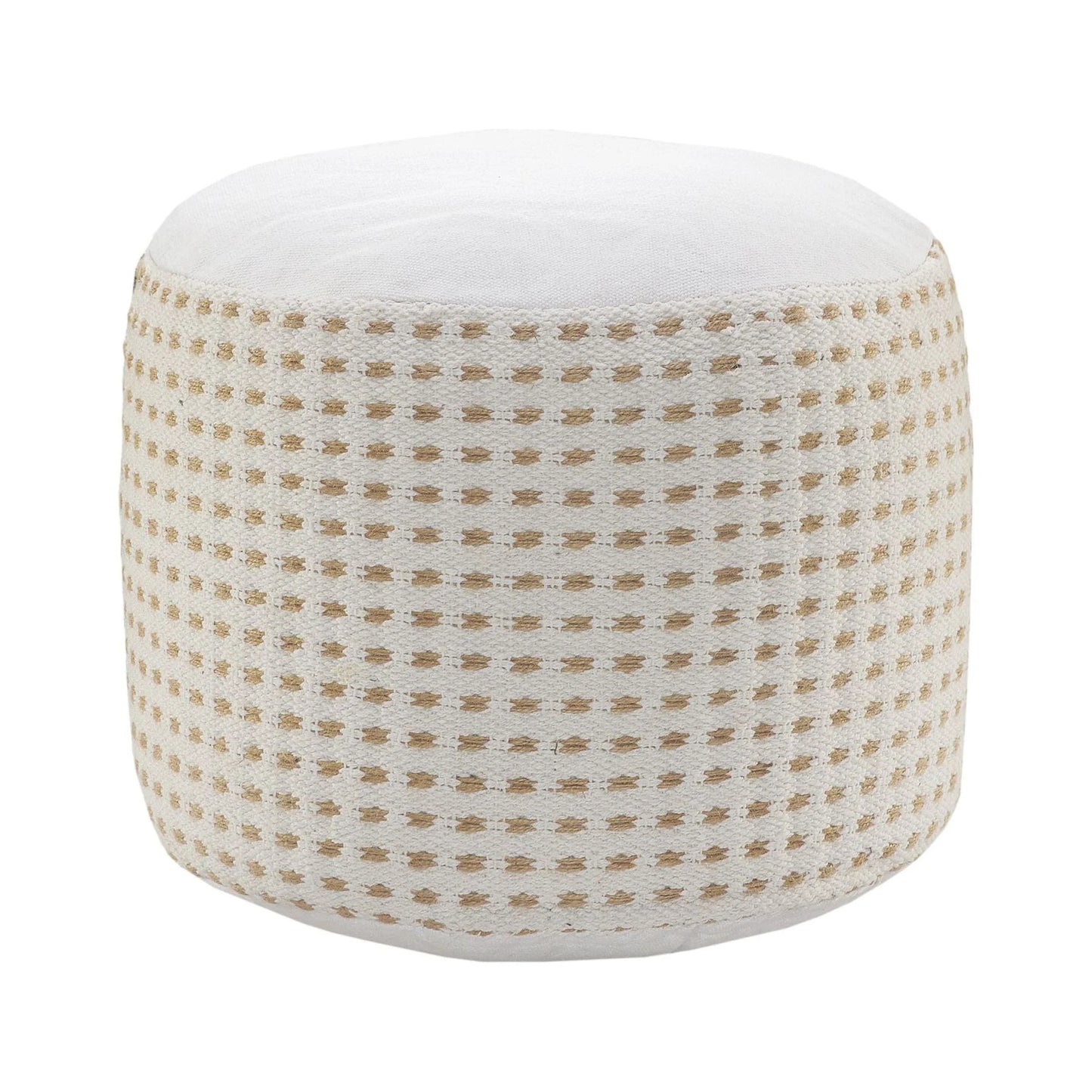 Laddha Home Designs 18" Tan and White Dashing Geometric Handcrafted Round Pouf Ottoman