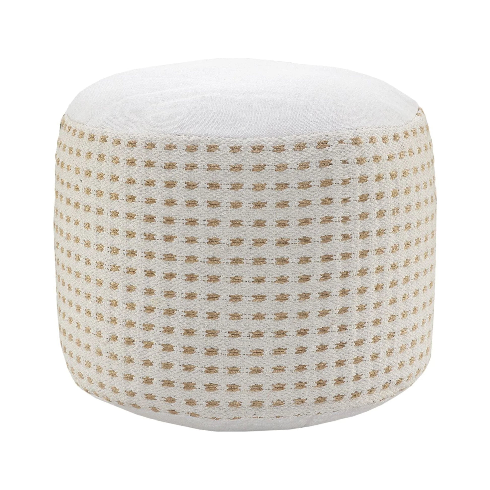 Laddha Home Designs 18" Tan and White Dashing Geometric Handcrafted Round Pouf Ottoman