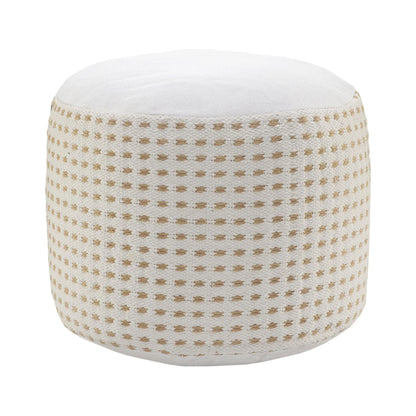 Laddha Home Designs 18" Tan and White Dashing Geometric Handcrafted Round Pouf Ottoman