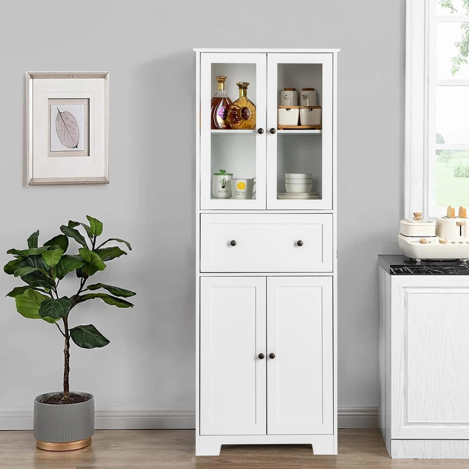 Ktaxon 64" Tall Bathroom Storage Cabinet Organizer, Freestanding Kitchen Pantry Cabinet Line Tower with 2 Glass Doors, Large Drawer & 4 Adjustable Shelves for Dining Room Living Room Home Office,White