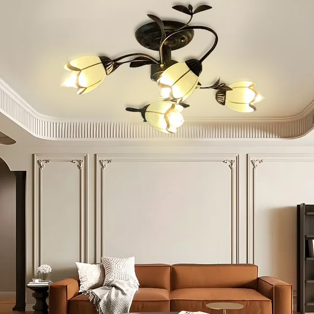 Lakiq Rustic Flower Vine Semi Flush Mount Ceiling Light Wrought Iron Light Fixtures Farmhouse 4 Lights