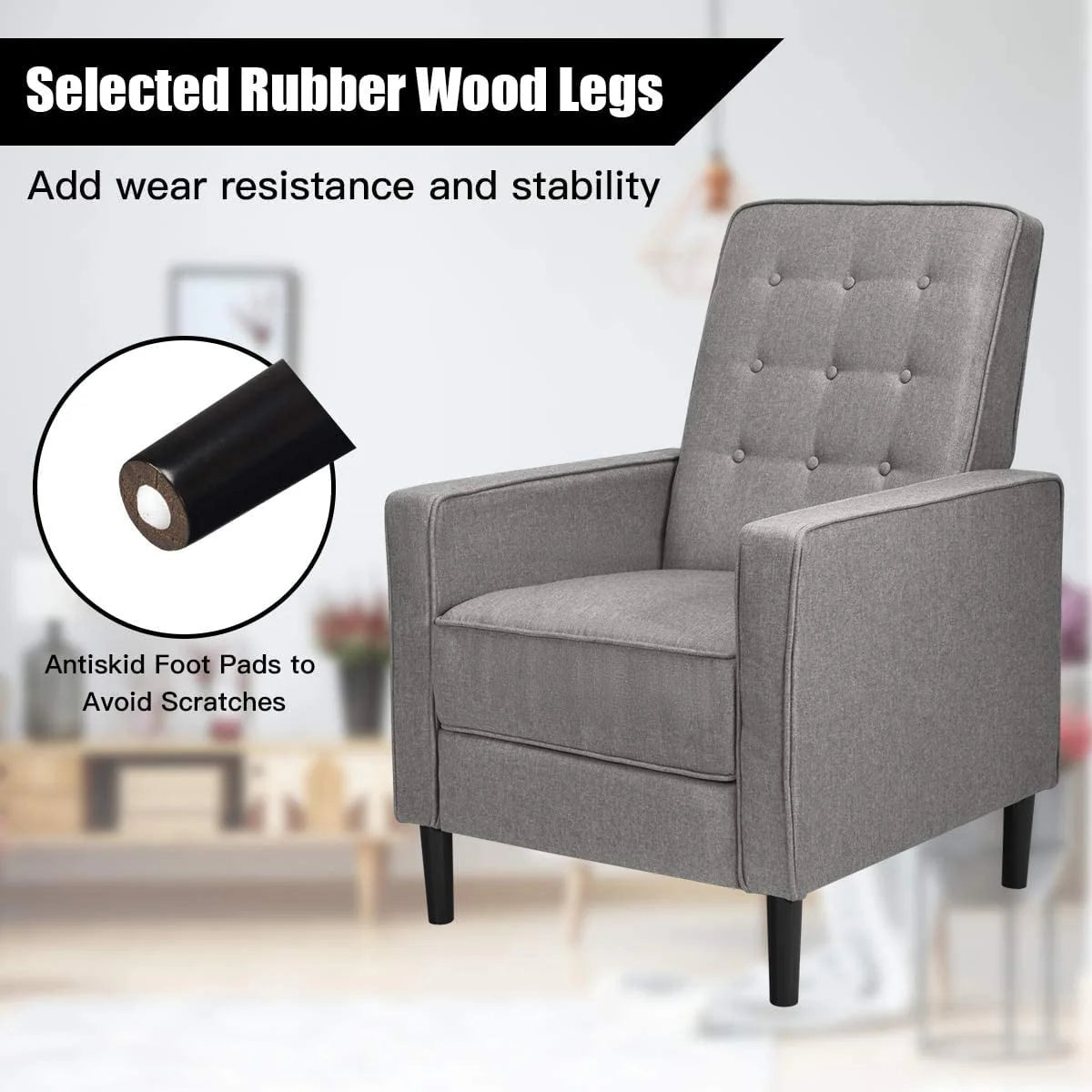 Giantex Push Back Recliner Chair, Fabric Accent Arm Chair with Ottoman Modern Recliner Sofa for Living Room Bedroom Home Office Club Chair (1 Pcs, Grey)