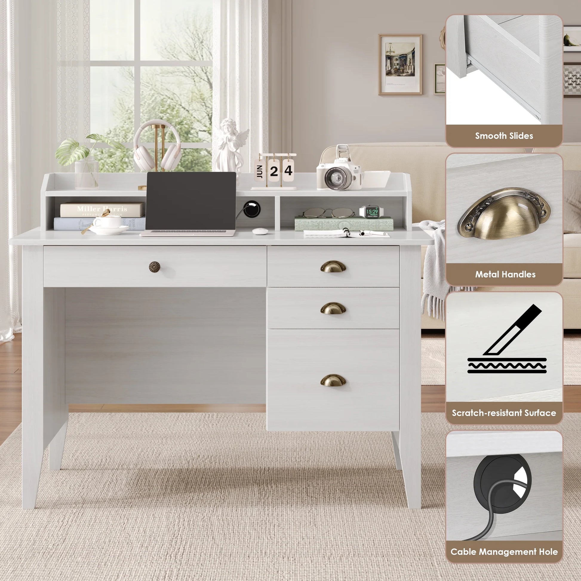Homfa 47 in Computer Desk, Home Office Writing Table with 4 Drawers and Hutch Shelf, Oak White