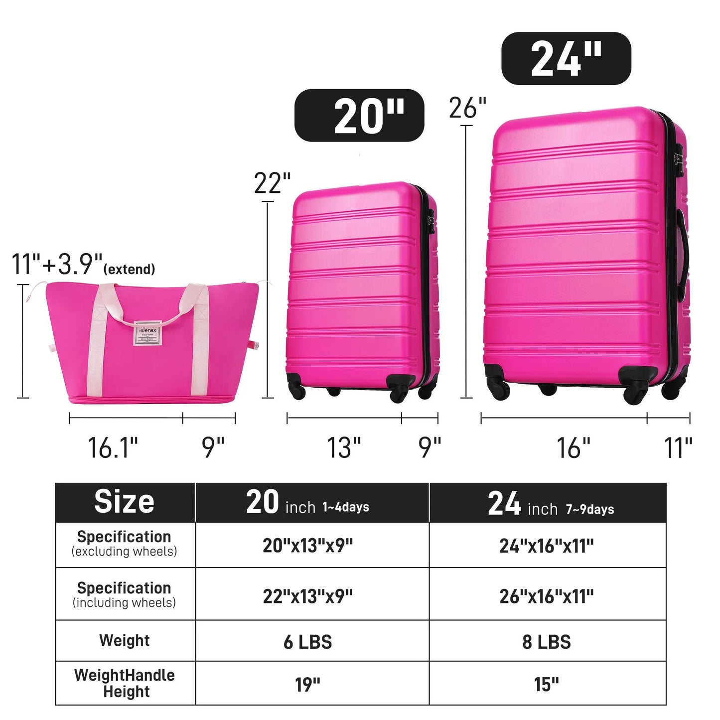 UBesGoo 24" Expandable Hardside Luggage Set with 13" Travel Bag, Pink
