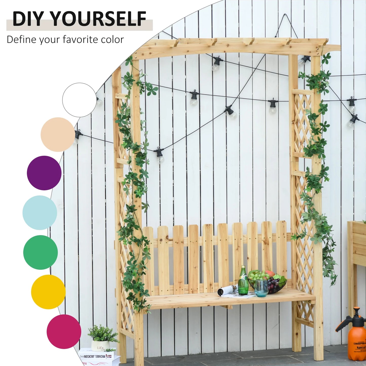 Outsunny Wooden Trellis Arbor Arch for Climbing Plants with Garden Bench, Grow Grapes & Vines, Patio Decor & 2-Person Seating, Natural