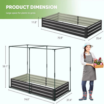 Slsy Galvanized Raised Garden Bed Kit w/Crop Cage Anti-Bird Netting Mesh Cover, 71" x 35.4" x 59" Large Metal Outdoor Planter Garden Boxes w/2 Roll-Up Zippered Doors, for Vegetables Herbs Flowers
