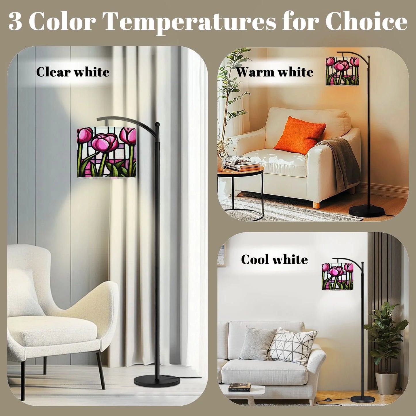 Arc Floor Lamp, 3 Color Temperatures Modern Floor Lamps Flowes Flower Floral Oil Adjustable Tall Standing Reading Lamp with Linen Texture Shade for Living Room, Bedroom, Office