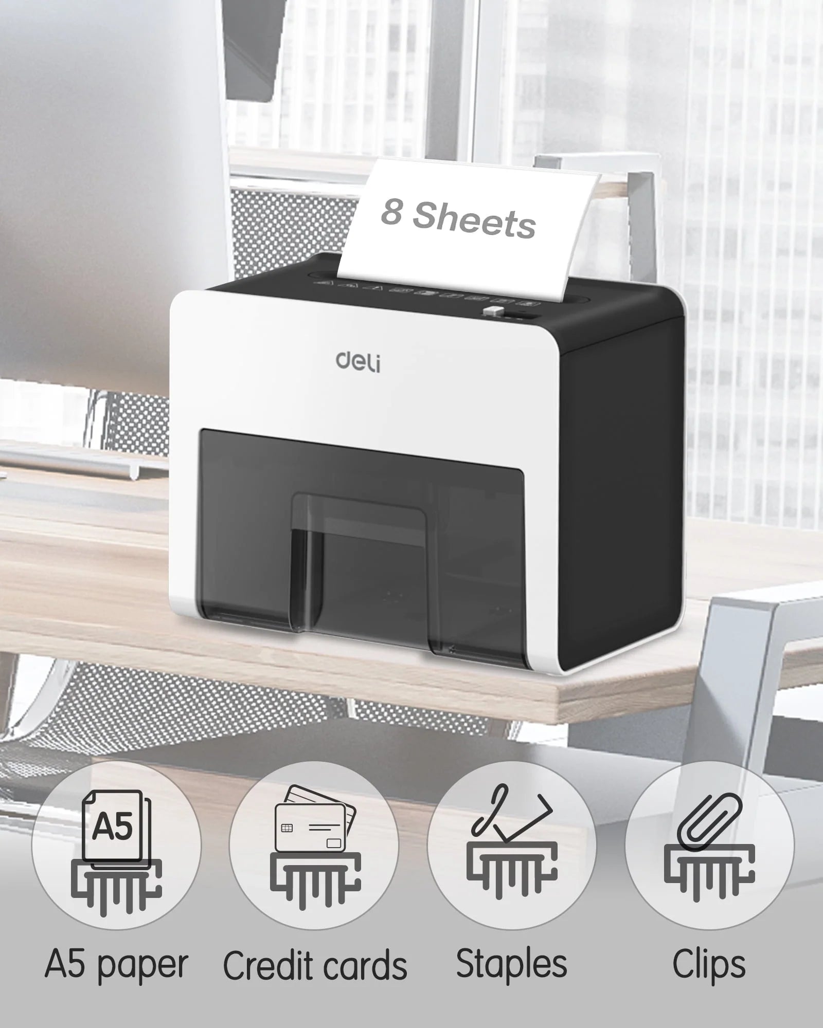 Deli 8-Sheet Paper Shredder Home Office Use Shredder, Mini Desktop Crosscut Shredder with 0.7 Gallon Bin Shred Credit Card/Mail/Staple/Clip, P-4 Security Paper Cutter, White