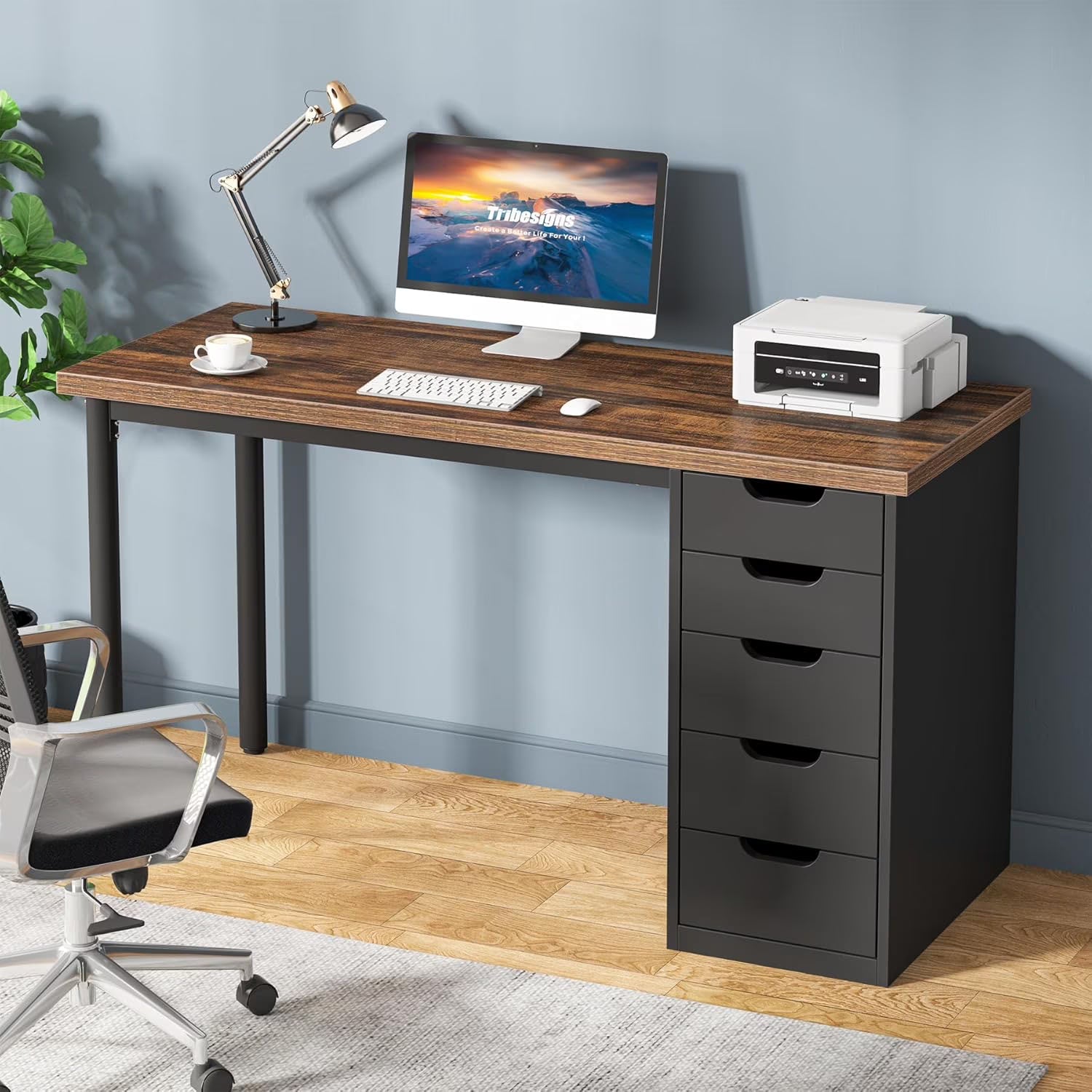 Finmind Computer Desk with 5 Drawers, 47 inches Rustic Brown Home Office Desk with Storage, Modern Study Writing Table Workstation for Small Spaces, Brown & White