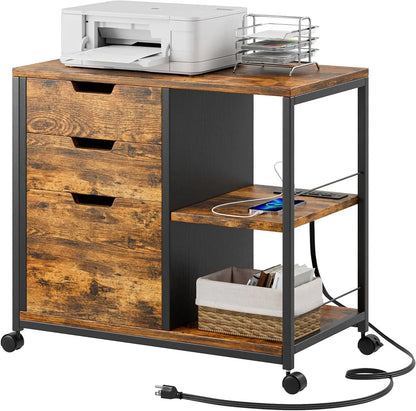 YaFiti File Cabinet, Wooden Rolling File Cabinet with Socket USB Charging Port, Lateral Filing Cabinet Organizer for Home Office , Rustic Brown