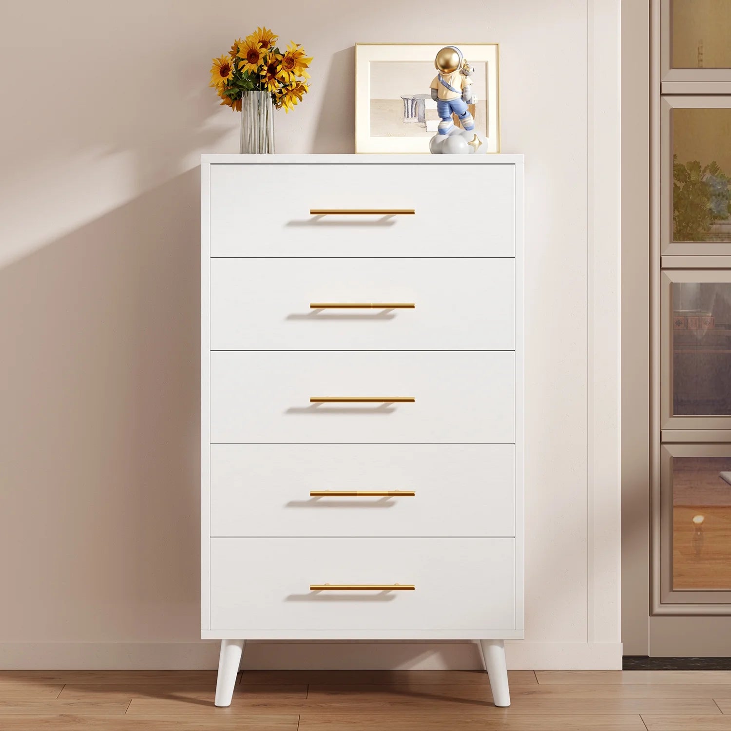 Bedroom Furniture Set - Includes Queen Bed Frame, Nightstands Set of 2, 5-Drawer Dresser & Vanity Desk - Modern Storage Solution for Stylish Home Decor, Beige/White