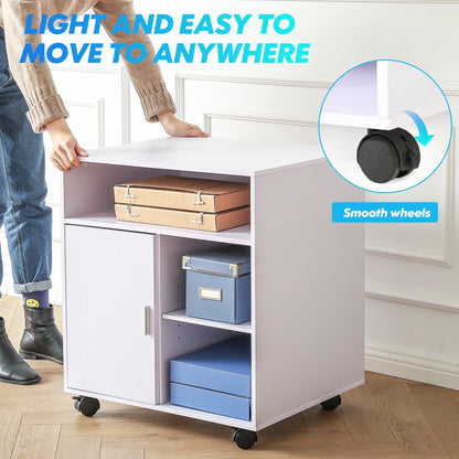 FITUEYES Printer Stand with Storage Adjustable Shelves, Wood Mobile Cart with Door, Rolling File Cabinet on Wheels for Home Office, Black