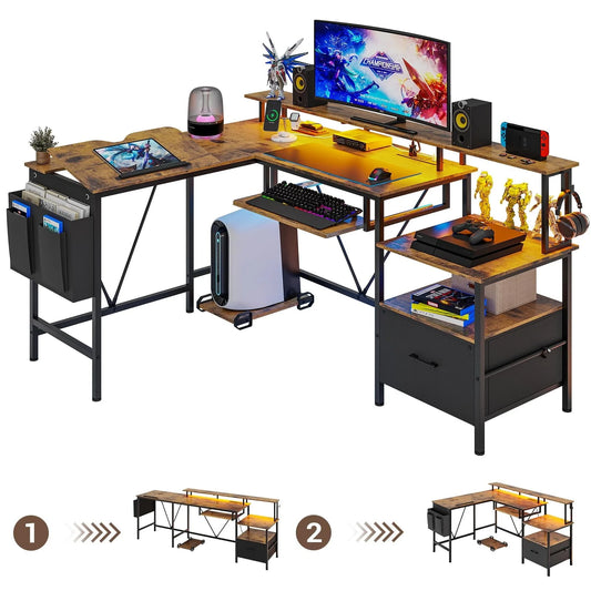 SEDETA L Shaped Gaming Desk, Led Reversible Corner Computer Desk with Power Outlet, Home Office Desk Drawer File Cabinet Keyboard Tray Storage Bag Monitor Stand CPU Stand,Brown