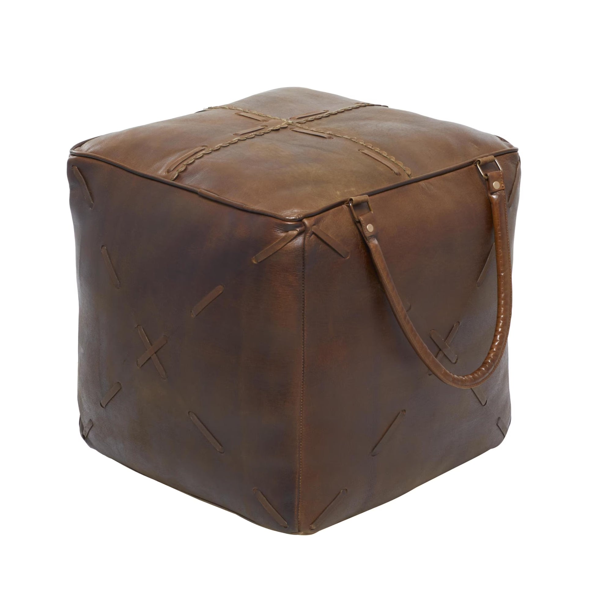 DecMode Rustic and Organic Square Ottoman Fabric Pouf features White Canvas and Brown Leather Handles with "Lonely Wolf" and Star Designs, 20"W x 19"H