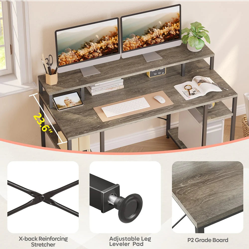 Bestier 55 inch Computer Desk with Monitor Shelf Home Office Desk Grey
