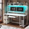 55" Computer Desk with Drawer& Power Outlet, Industrial Home Office Table Gaming Desk PC Study Workstation with Hutch& LED Lights& Adjustable Shelves,White