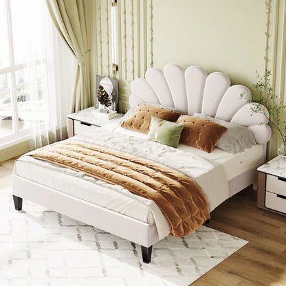 Queen Size Upholstered Platform Bed with Flower Headboard,Velvet Bed Frame for Kids Boys Girls,Beige