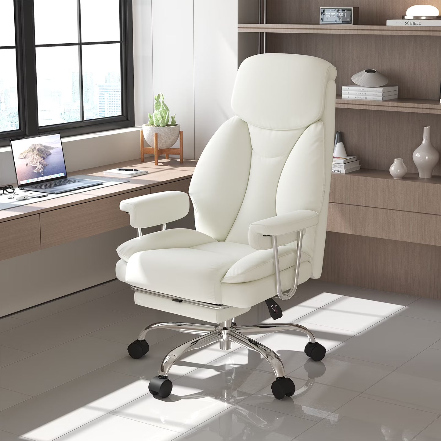E-Motie Leather Home Office Chair, High Back Ergonomic Chair with Footrest, 500lb, Black