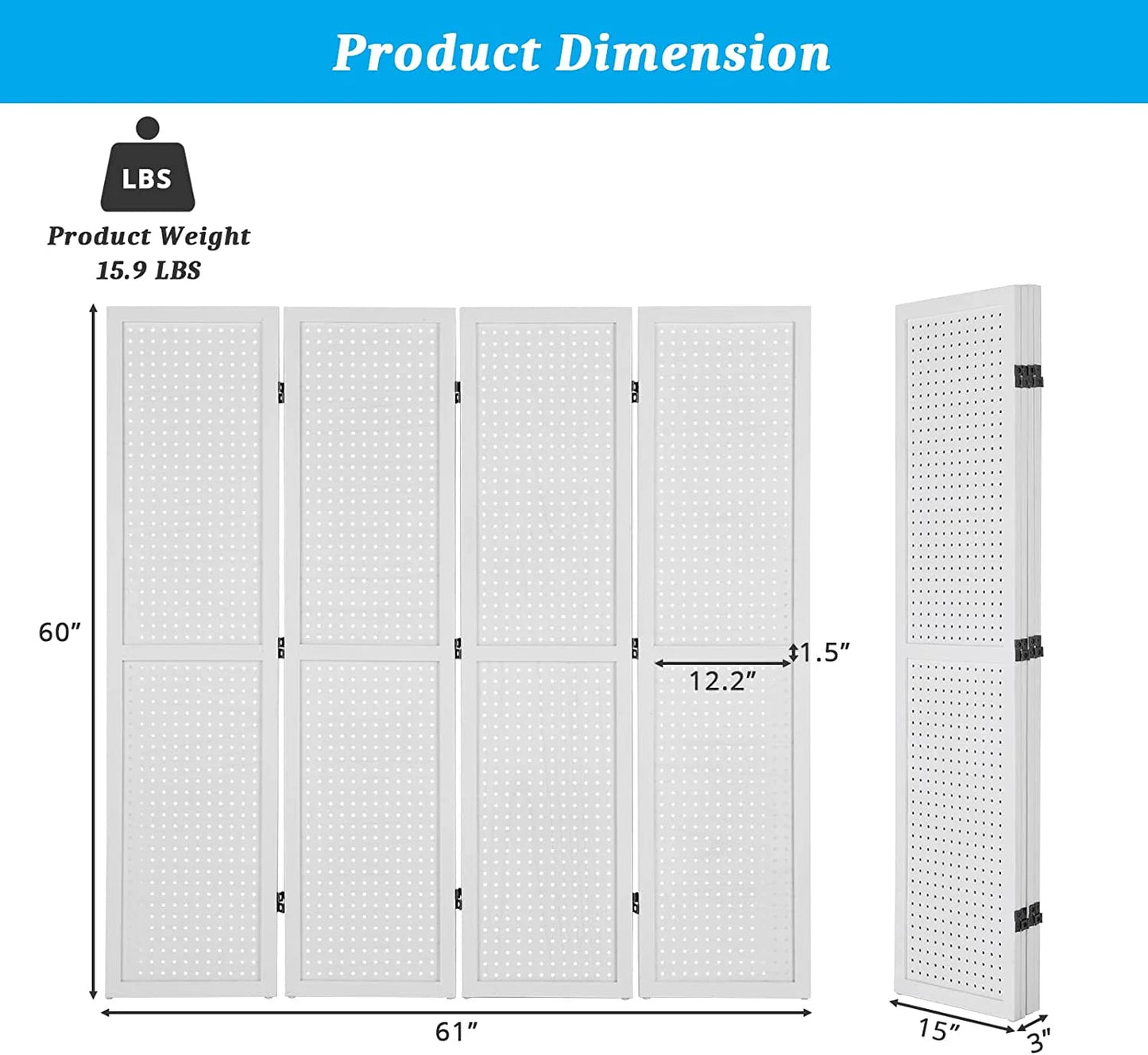 Bonnlo 4 Panel Pegboard Freestanding, 5 FT Portable Display for Craft Show Jewelry, Wooden Folding Room Divider