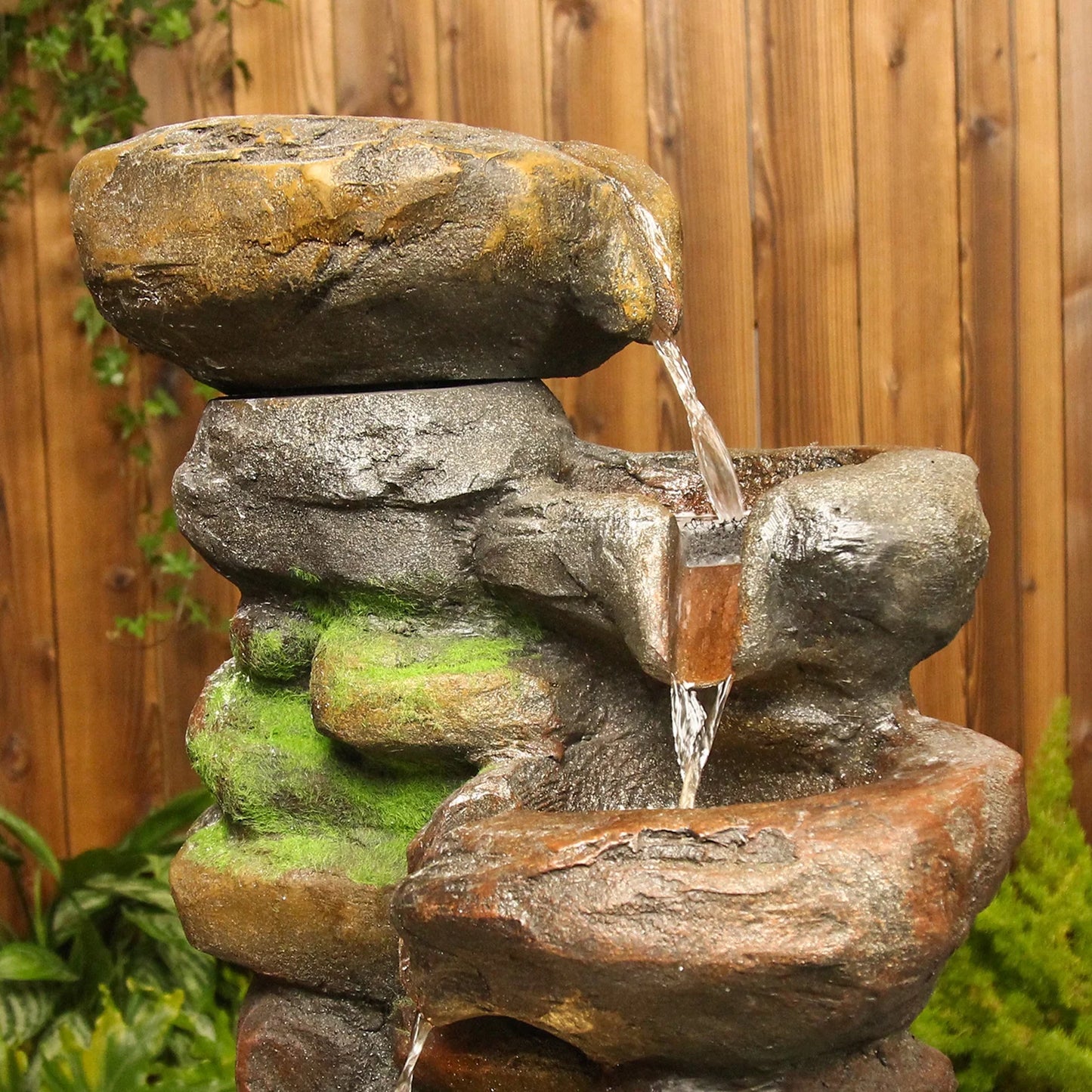 6-Tiered Outdoor Floor Rock Water Garden Fountain 37.4''H Cascading Waterfall Water Feature Indoor for Home Decor Patio Yard with LED Lights and Natural Stone Look