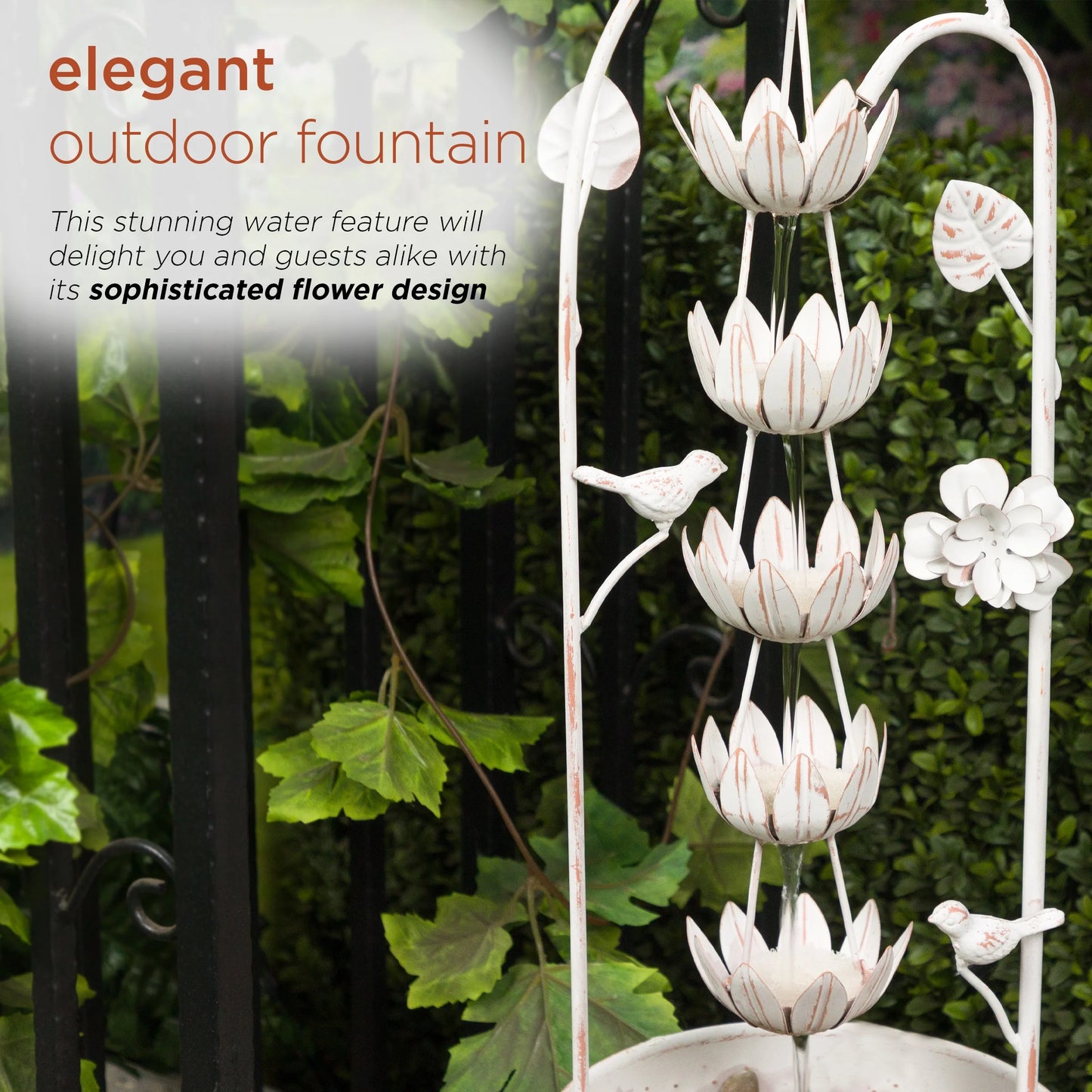 Alpine Corporation Metal White Rustic Outdoor Electric Fountain with Flower