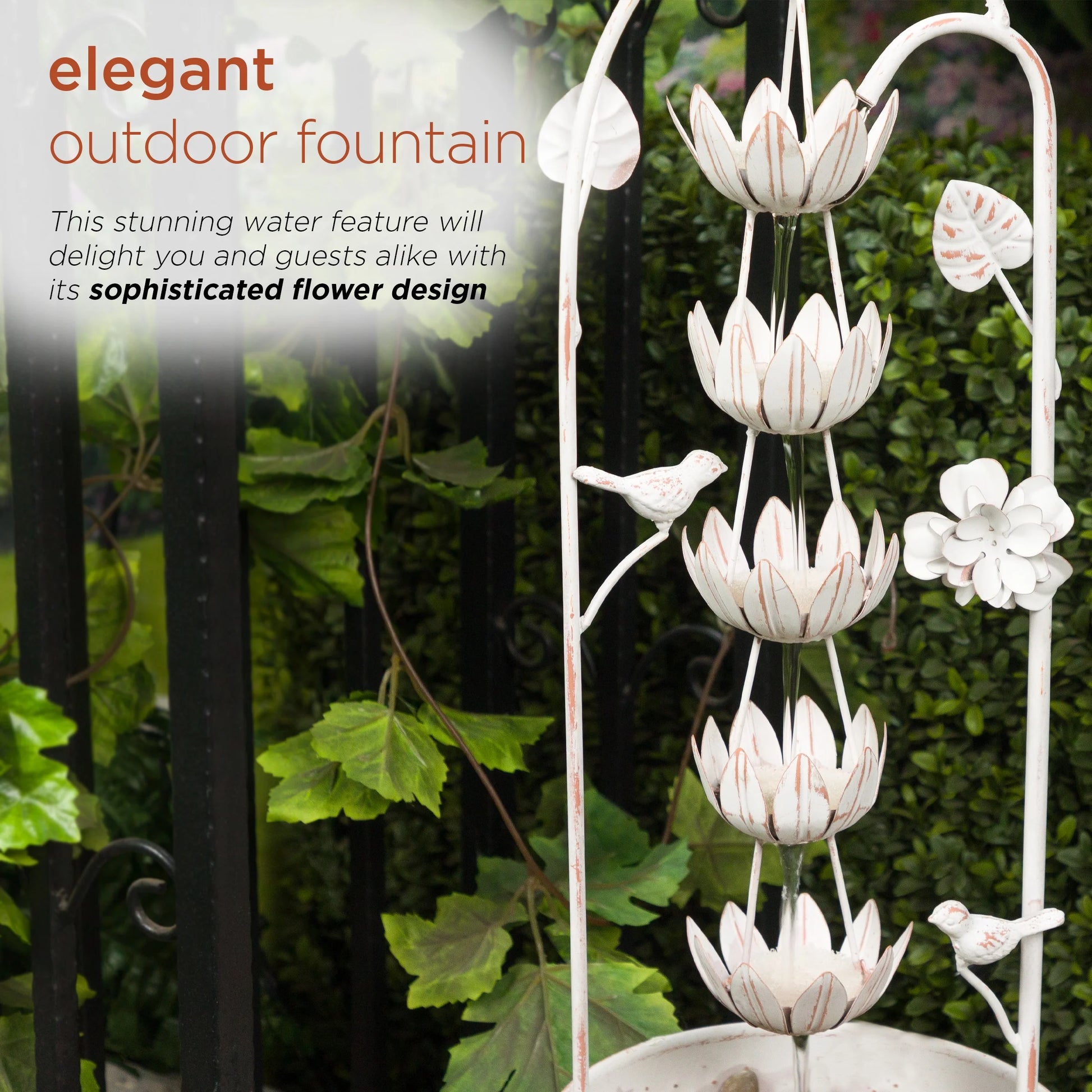 Alpine Corporation Metal White Rustic Outdoor Electric Fountain with Flower