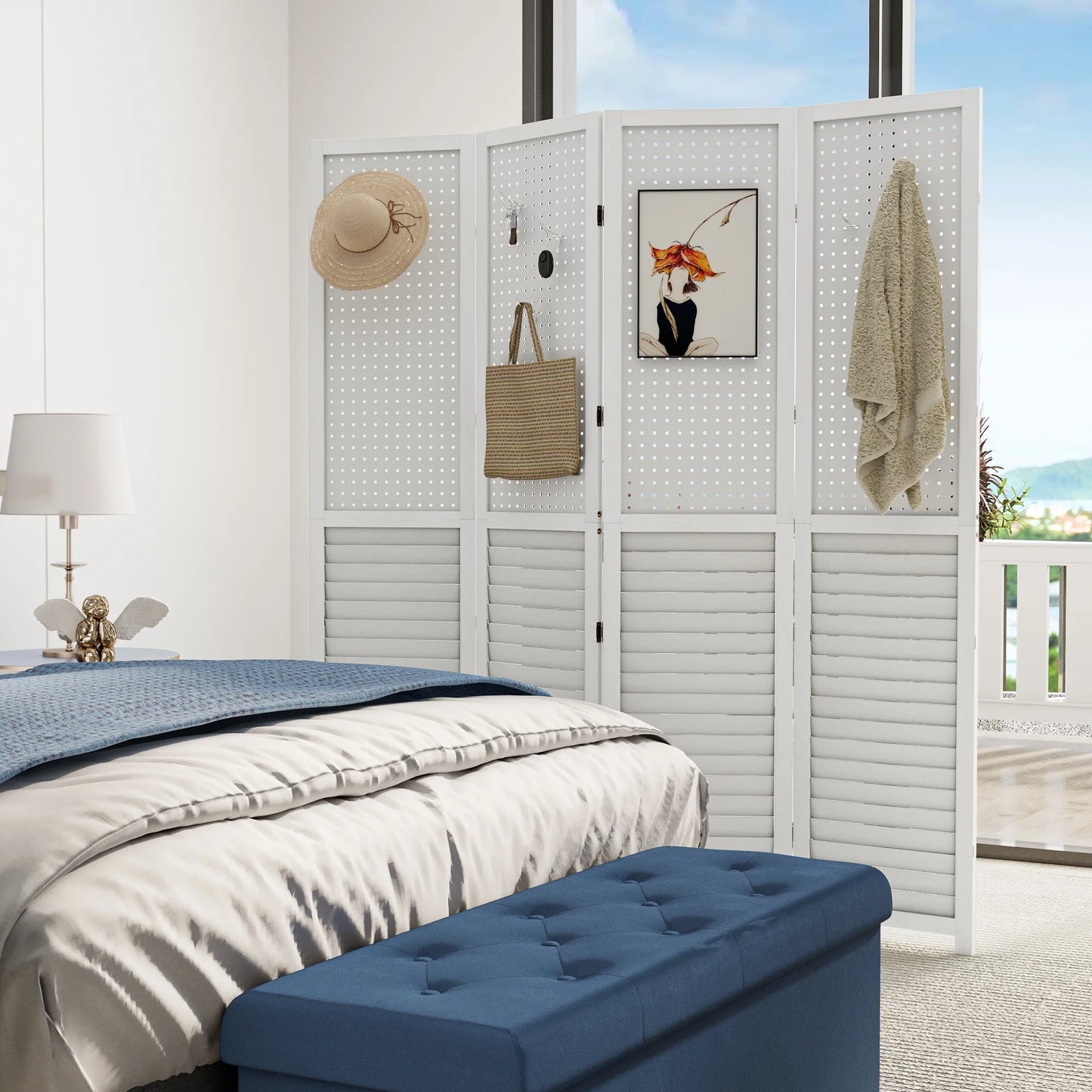 Dextrus Room Divider, 4 Panel Folding Privacy Screens with Pegboard Display, Freestanding Portable Privacy Screen Room Partition for Jewelry, Craft Show, Retail, Living Room, Bedroom