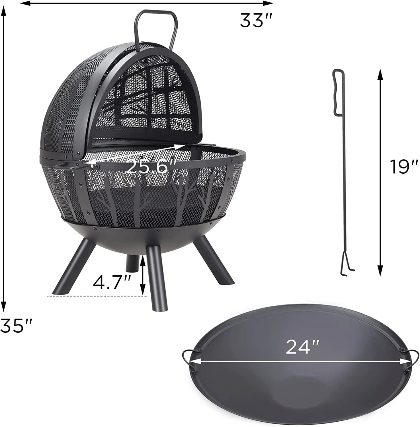 PaPaJet 35 inch Wood Burning Globe Fire Pit for Outside Steel